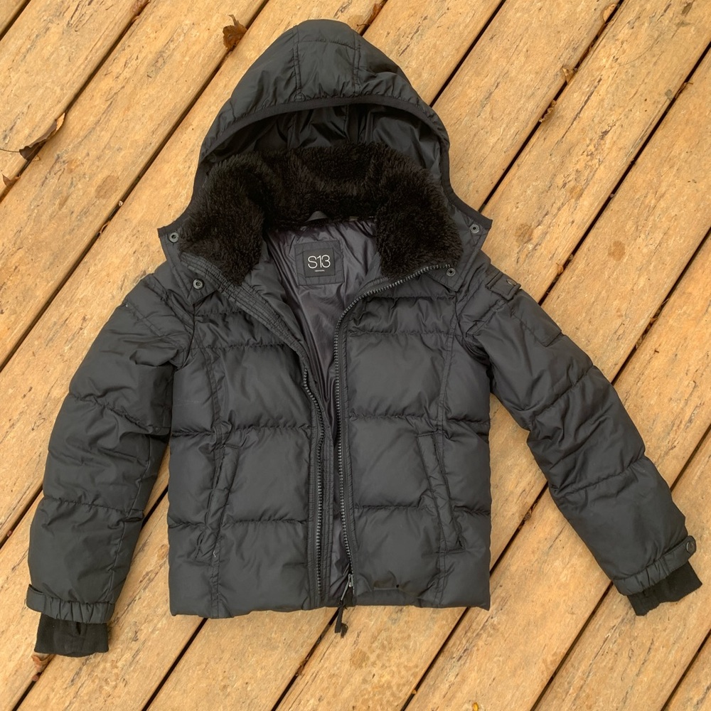 S13 Girls/Boys Down Winter Puffer Jacket Coat. Faux Fur Collar. Sz 10.